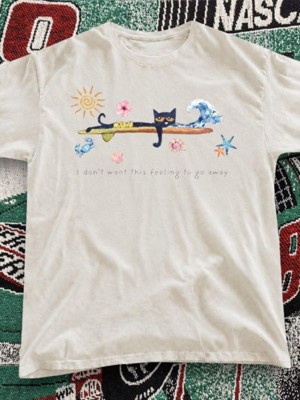 Cat Surf Summer Graphic Tee White Unisex T-Shirt Cute Ocean Shirt